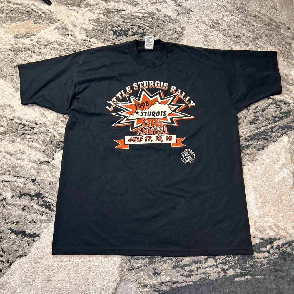 Vintage‎ Fruit Of The Loom T Shirt Mens 2XL Black Little Sturgis Rally Biker Y2k